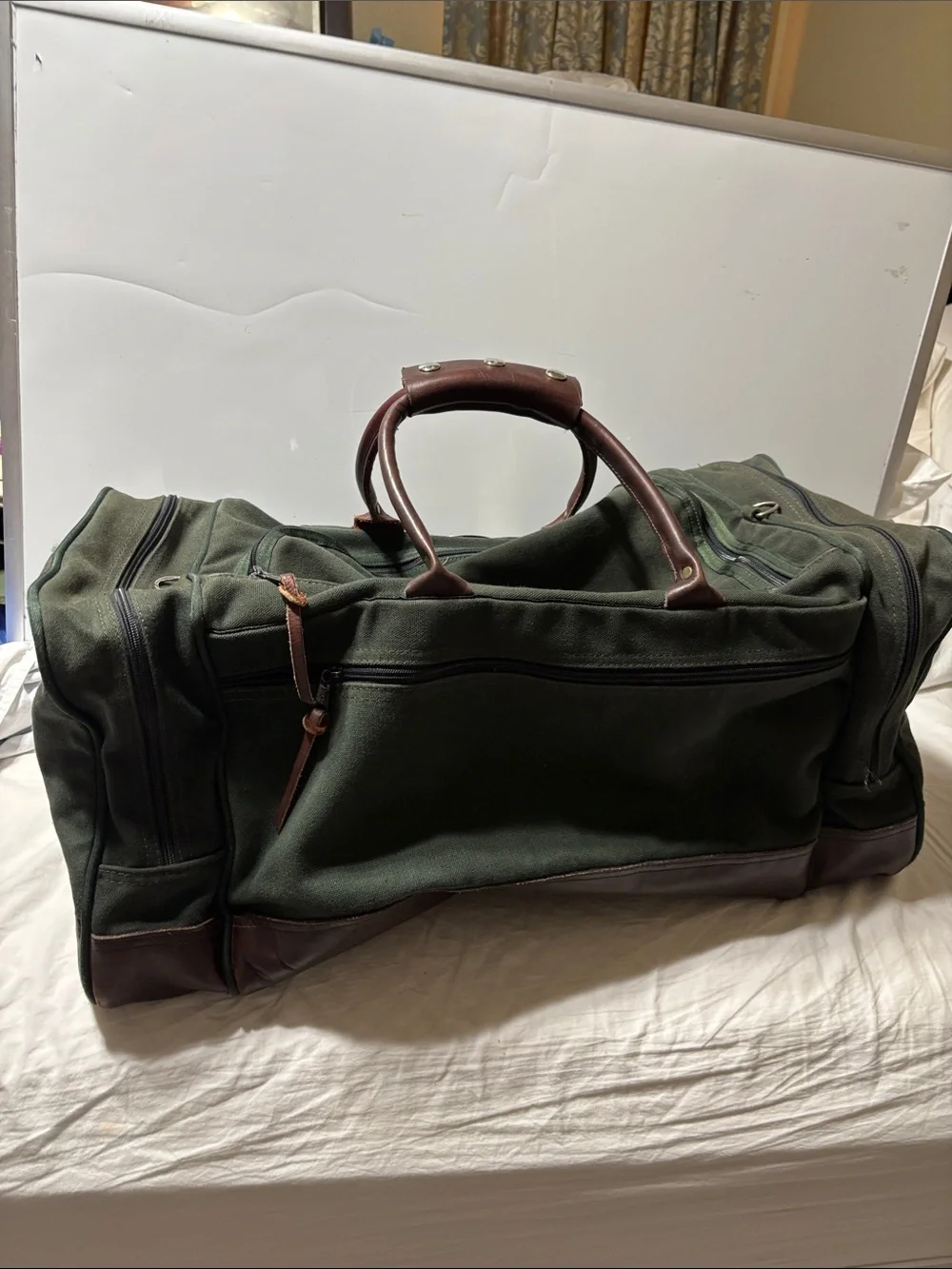 Orvis Dark Green Canvas Duffel with Brown Leather Trim. EUC
